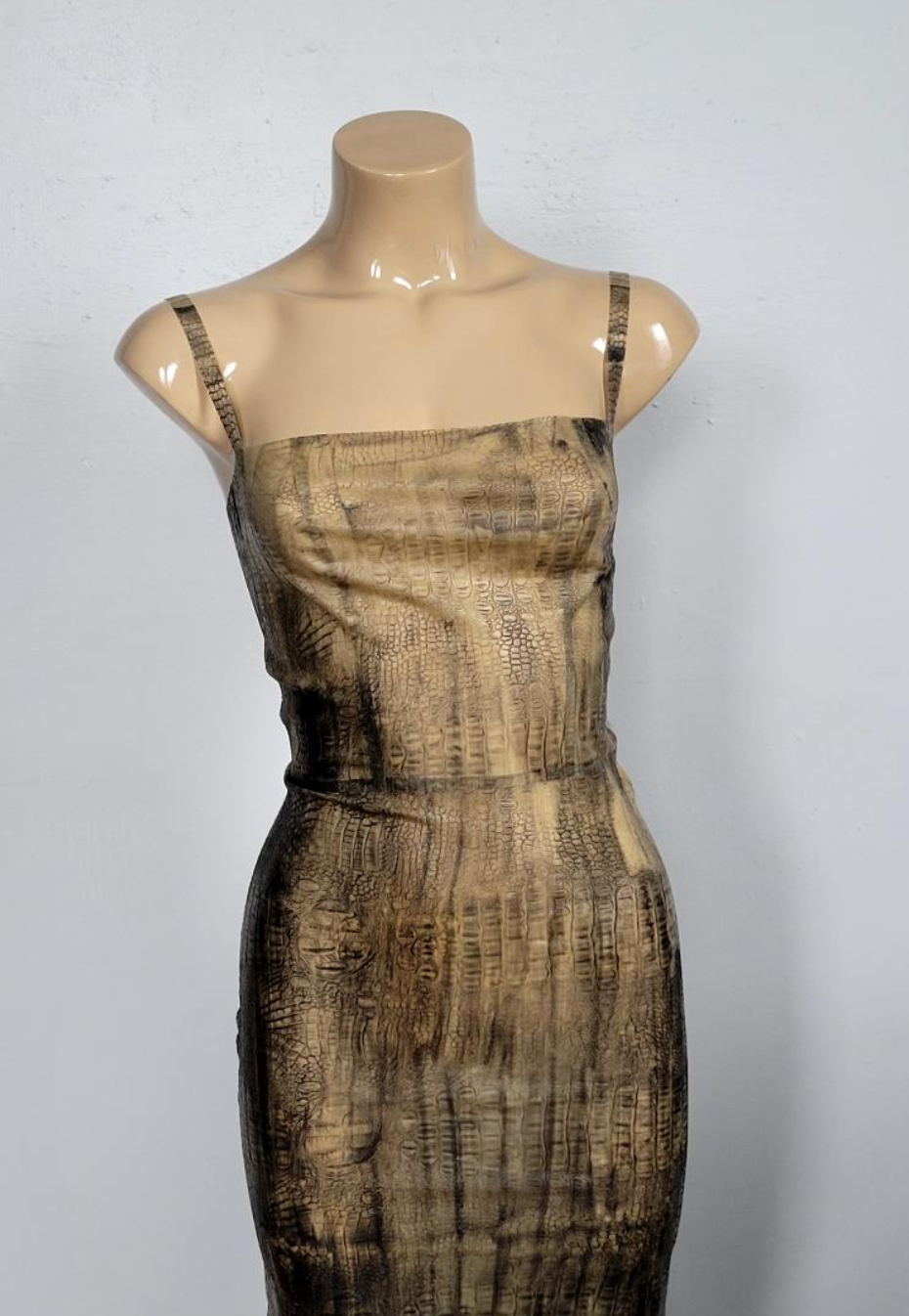 Croco skin Midi Dress - Black & Natural — handcrafted latex by TOX Latex, made to order in Canada, designed as a statement piece for eveningwear and high-fashion