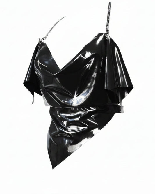 Heart latex top front view — silver chain adjustable strap latex top handcrafted in Canada