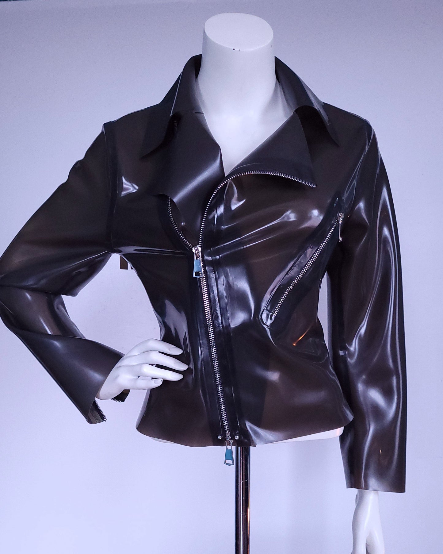 Moto Jacket - Transparent Black — handcrafted latex by TOX Latex, made to order in Canada, designed as a statement piece for eveningwear and high-fashion