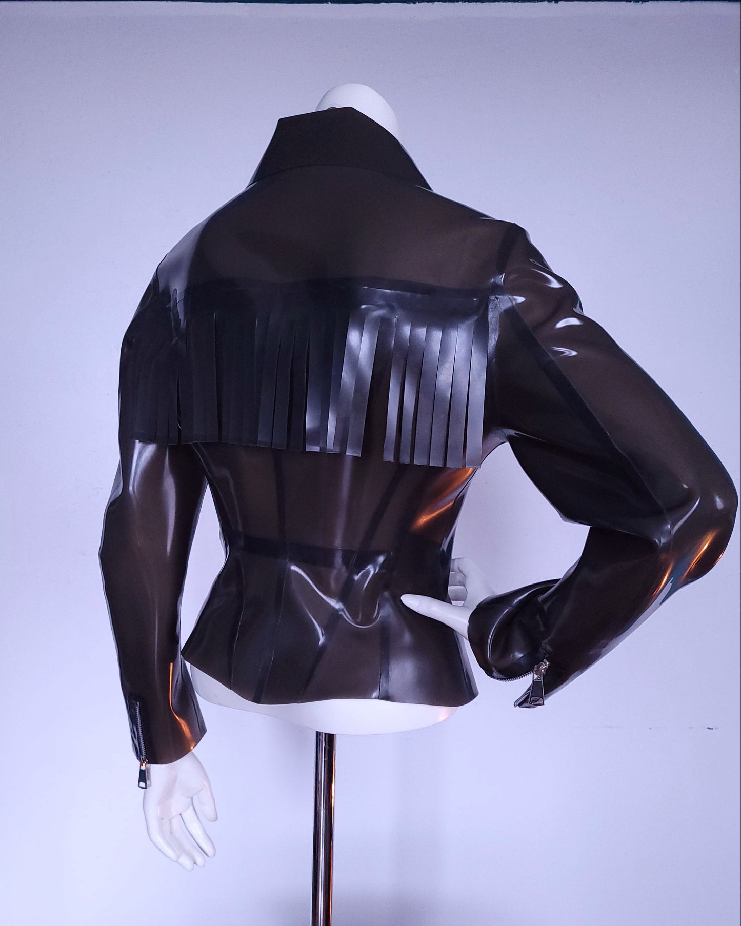 Moto Jacket - Transparent Black — handcrafted latex by TOX Latex, made to order in Canada, designed as a statement piece for eveningwear and high-fashion