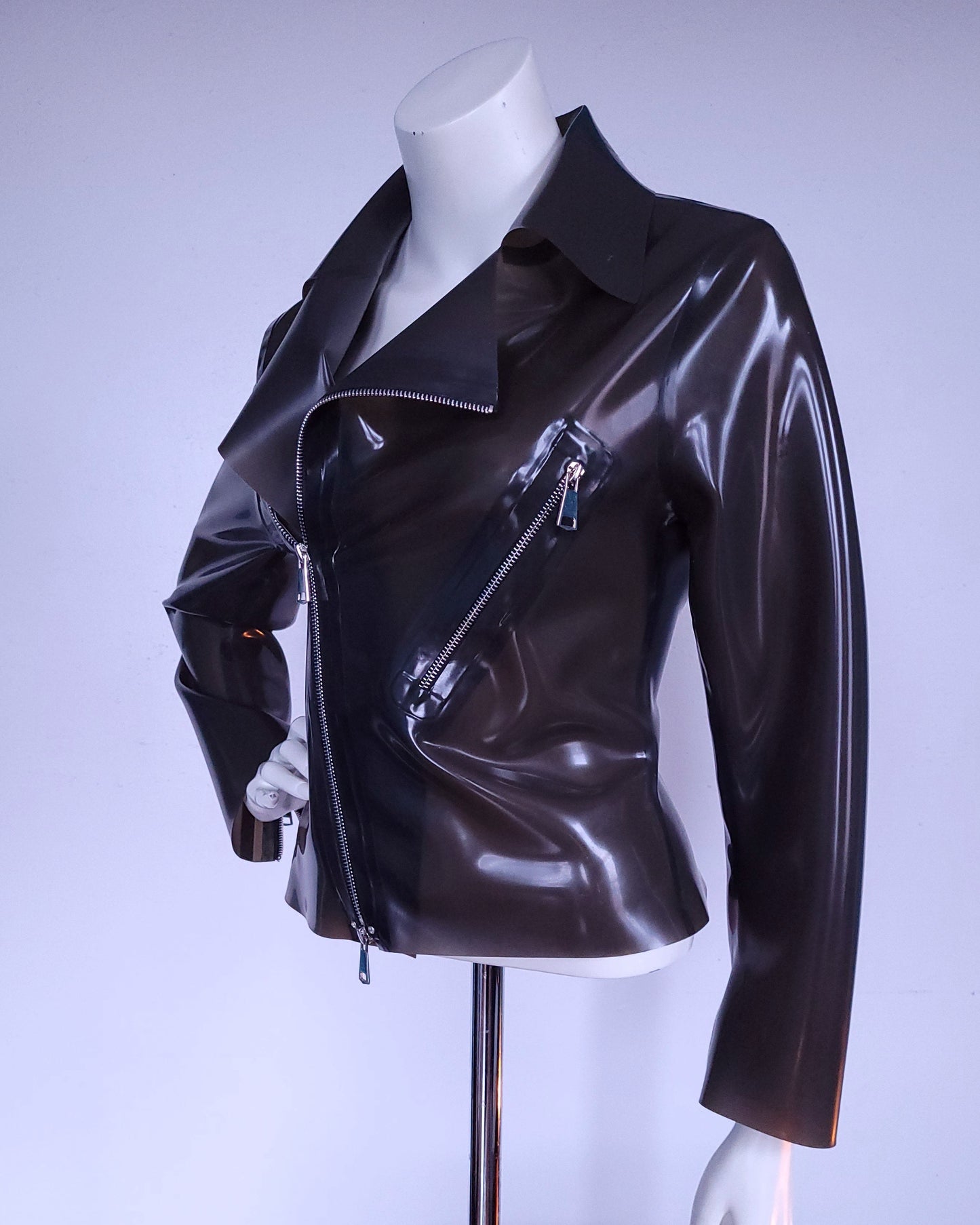 Moto Jacket - Transparent Black — handcrafted latex by TOX Latex, made to order in Canada, designed as a statement piece for eveningwear and high-fashion