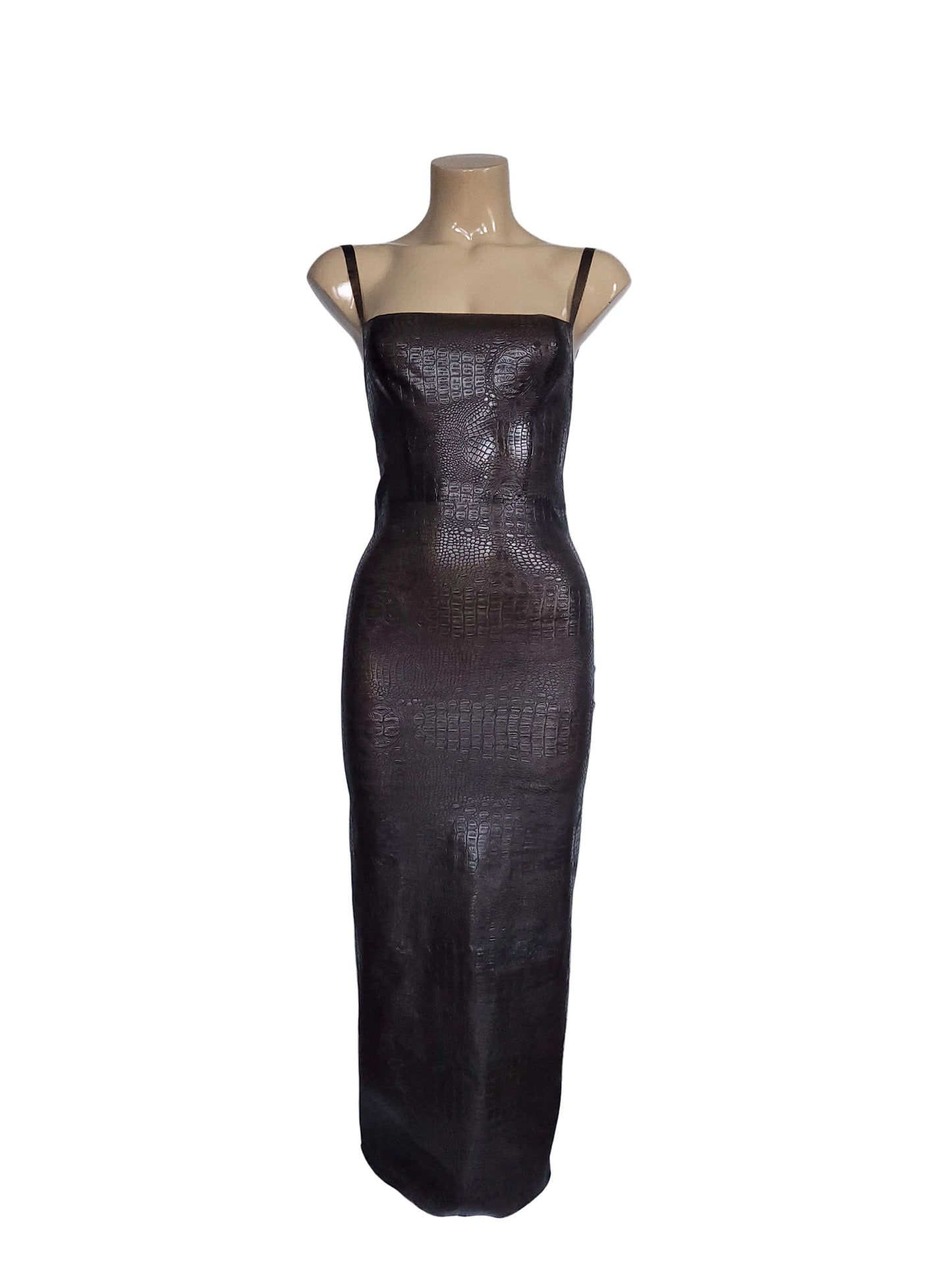 Croco skin Midi Dress  - Transparent Black / Grey — handcrafted latex by TOX Latex, made to order in Canada, designed as a statement piece for eveningwear and high-fashion