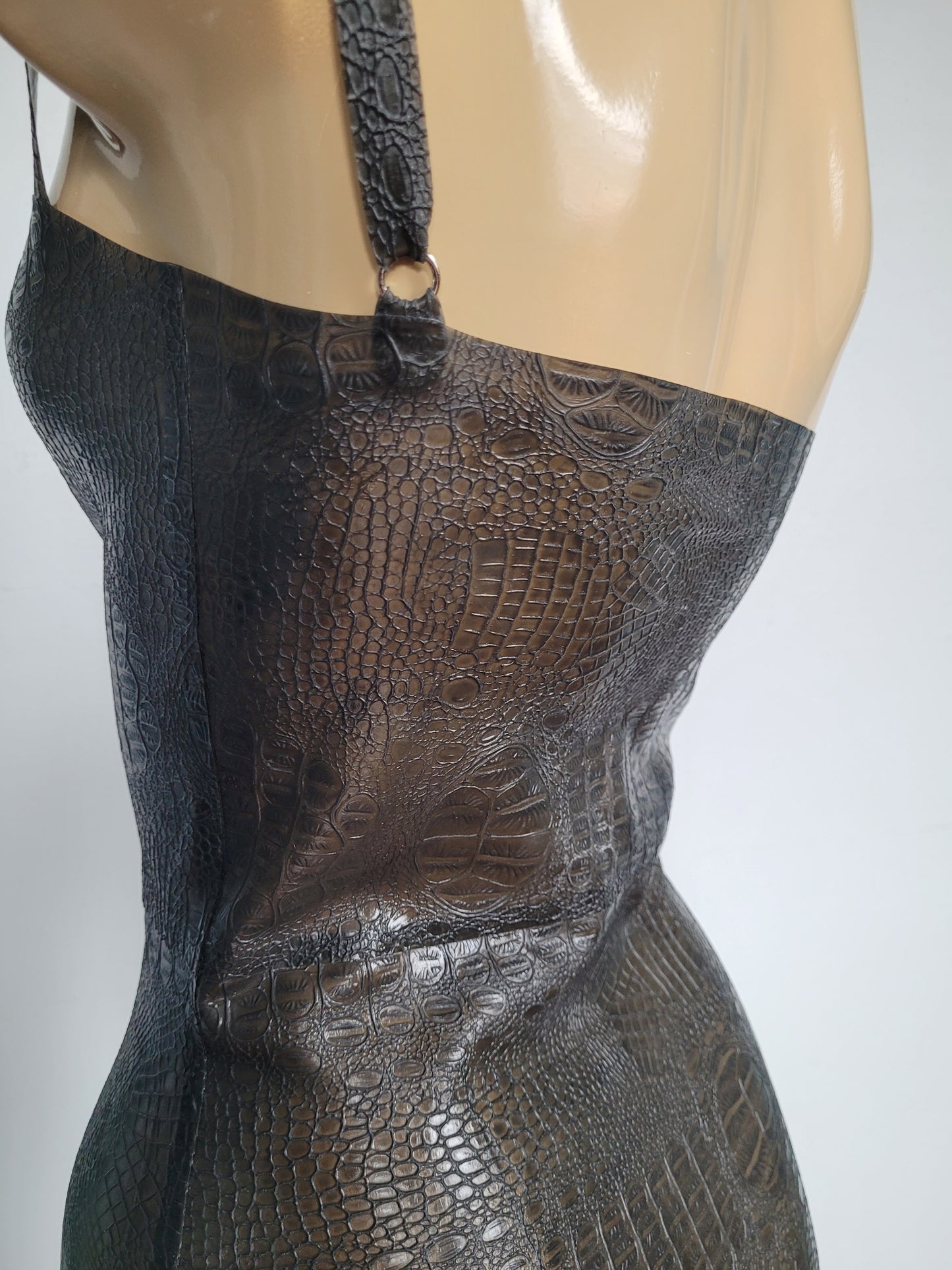 Croco skin Midi Dress  - Transparent Black / Grey — handcrafted latex by TOX Latex, made to order in Canada, designed as a statement piece for eveningwear and high-fashion