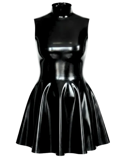 Structured high neck latex dress front view — sleeveless latex midi dress by Tox Latex Canada