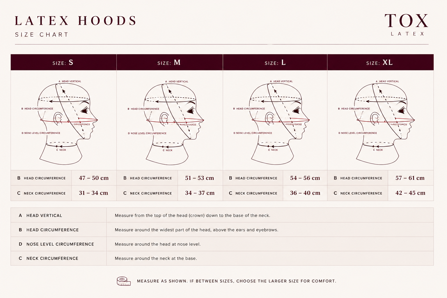 Latex hood size guide — rubber hood sizing by Tox Latex Canada