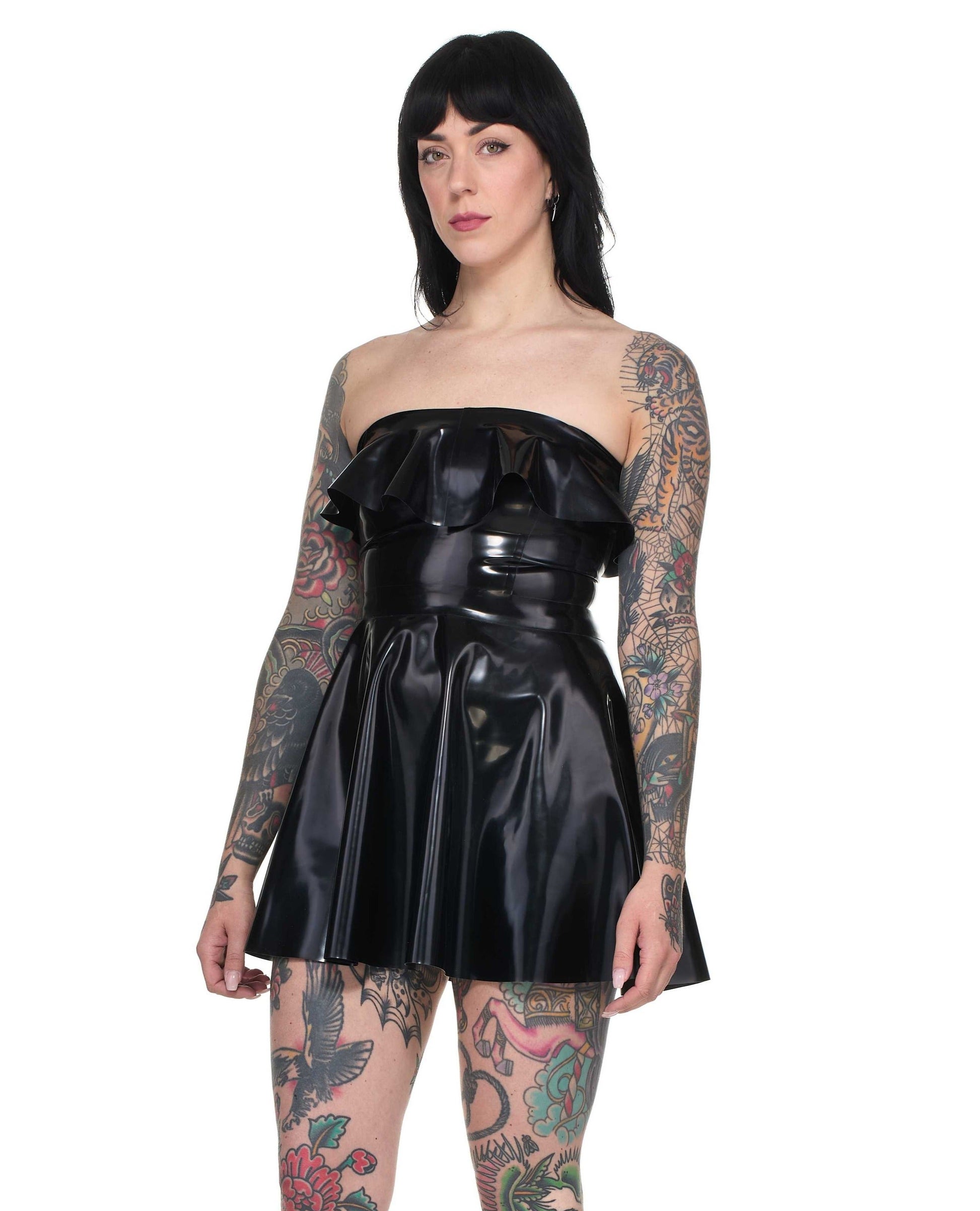 Janet strapless latex dress front view — no zipper feminine latex dress by Tox Latex Canada