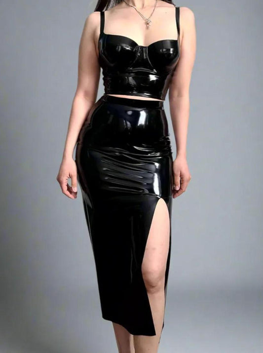 Latex Slit Midi Skirt