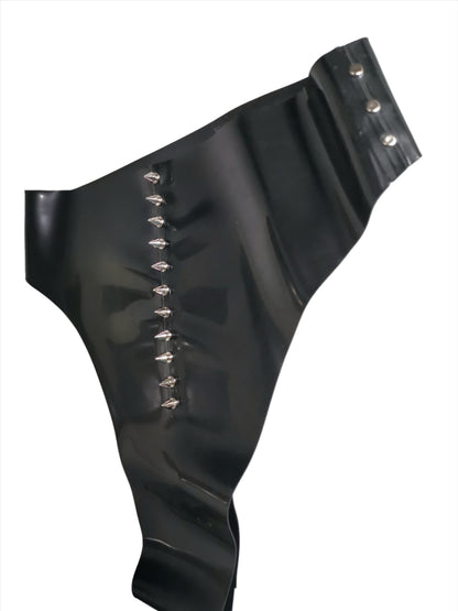  Armoured high waist latex thong — silver spike stud latex thong by Tox Latex Canada
