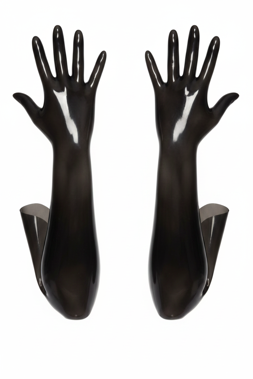 transparent black opera gloves — handcrafted latex latex accessories by TOX Latex, made to order in Canada, designed as a statement piece for eveningwear and high-fashion