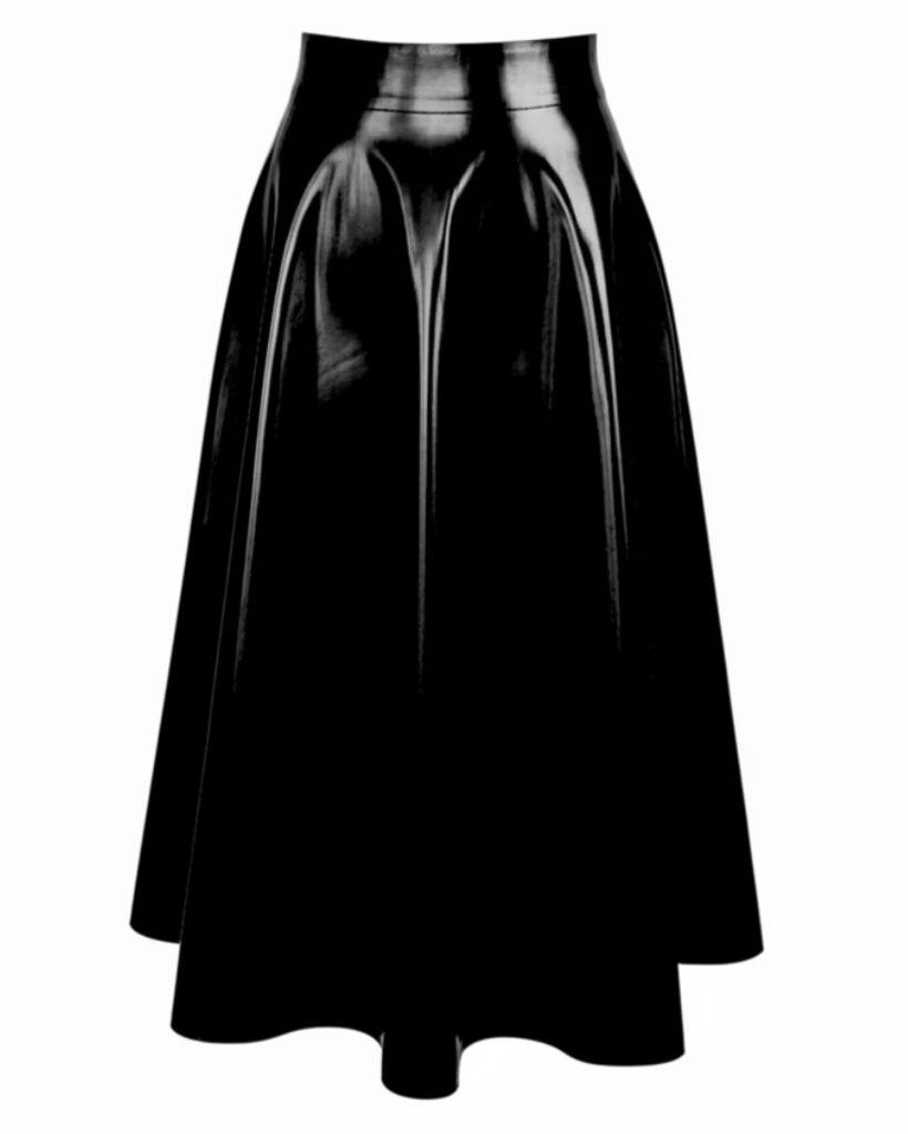 flared midi skirt — handcrafted latex latex skirts by TOX Latex, made to order in Canada, designed as a statement piece for eveningwear and high-fashion