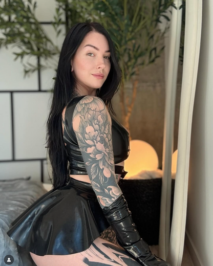 Peplum latex belt front view — silver hook latex belt handcrafted to order in Canada