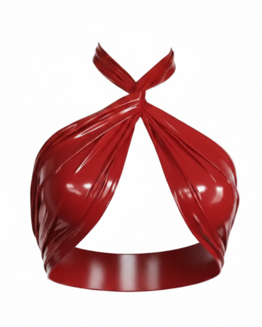 Draped OX latex bra in red — signature twisted draped latex bra by Tox Latex Canada