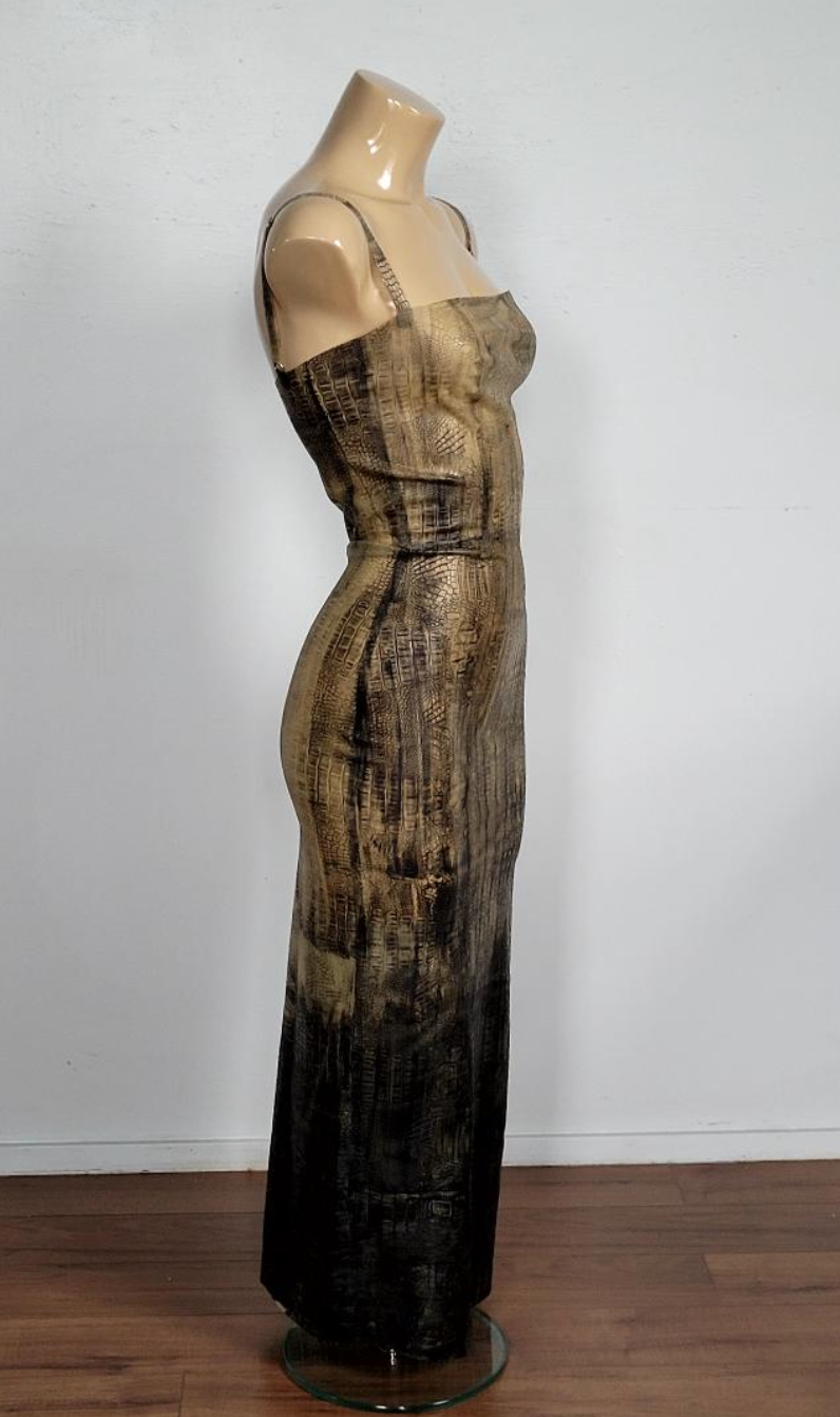 Croco skin Midi Dress  - Black & Natural — handcrafted latex by TOX Latex, made to order in Canada, designed as a statement piece for eveningwear and high-fashion