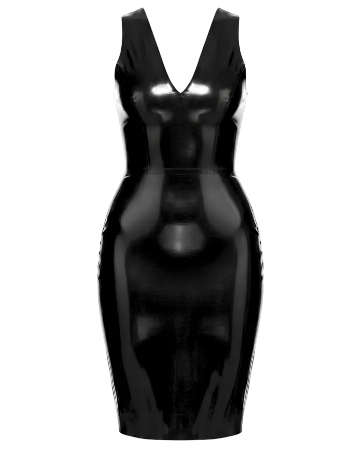 Victoria V-neck latex dress in black — deep V neckline latex dress by Tox Latex Canada