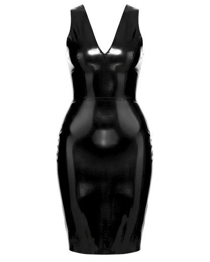 Victoria V-neck latex dress in black — deep V neckline latex dress by Tox Latex Canada