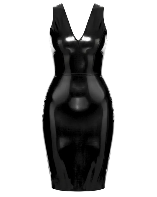 Victoria V-neck latex dress in black — deep V neckline latex dress by Tox Latex Canada