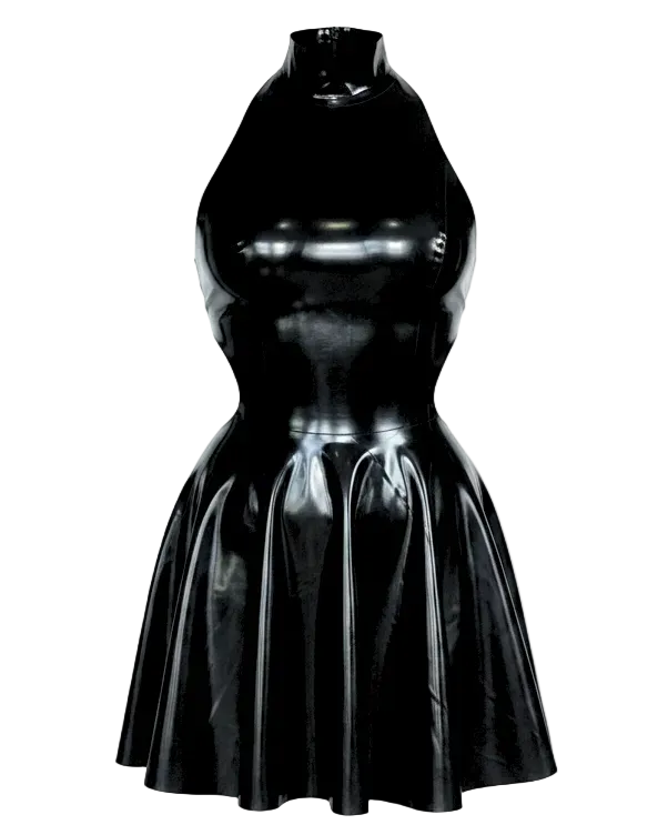 Fiona open back halter latex dress — best seller flared latex dress by Tox Latex Canada