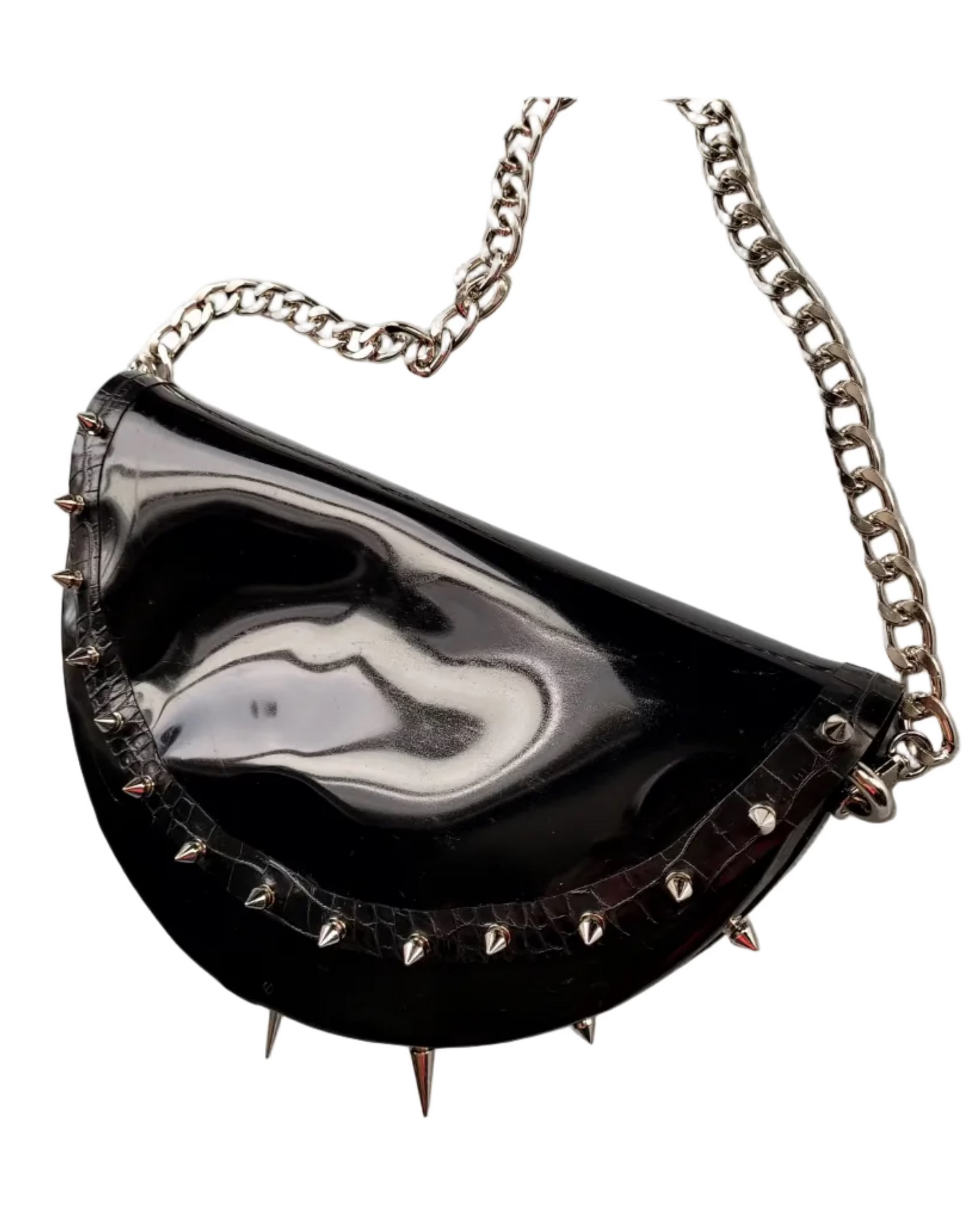 Halfmoon latex bag — structured latex bag with silver spikes by Tox Latex Canad