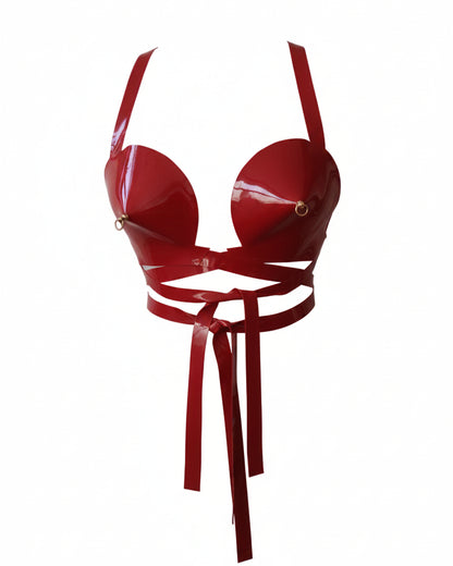 Sculpted cone latex bra front view — architectural cone cup latex bra by Tox Latex Canada