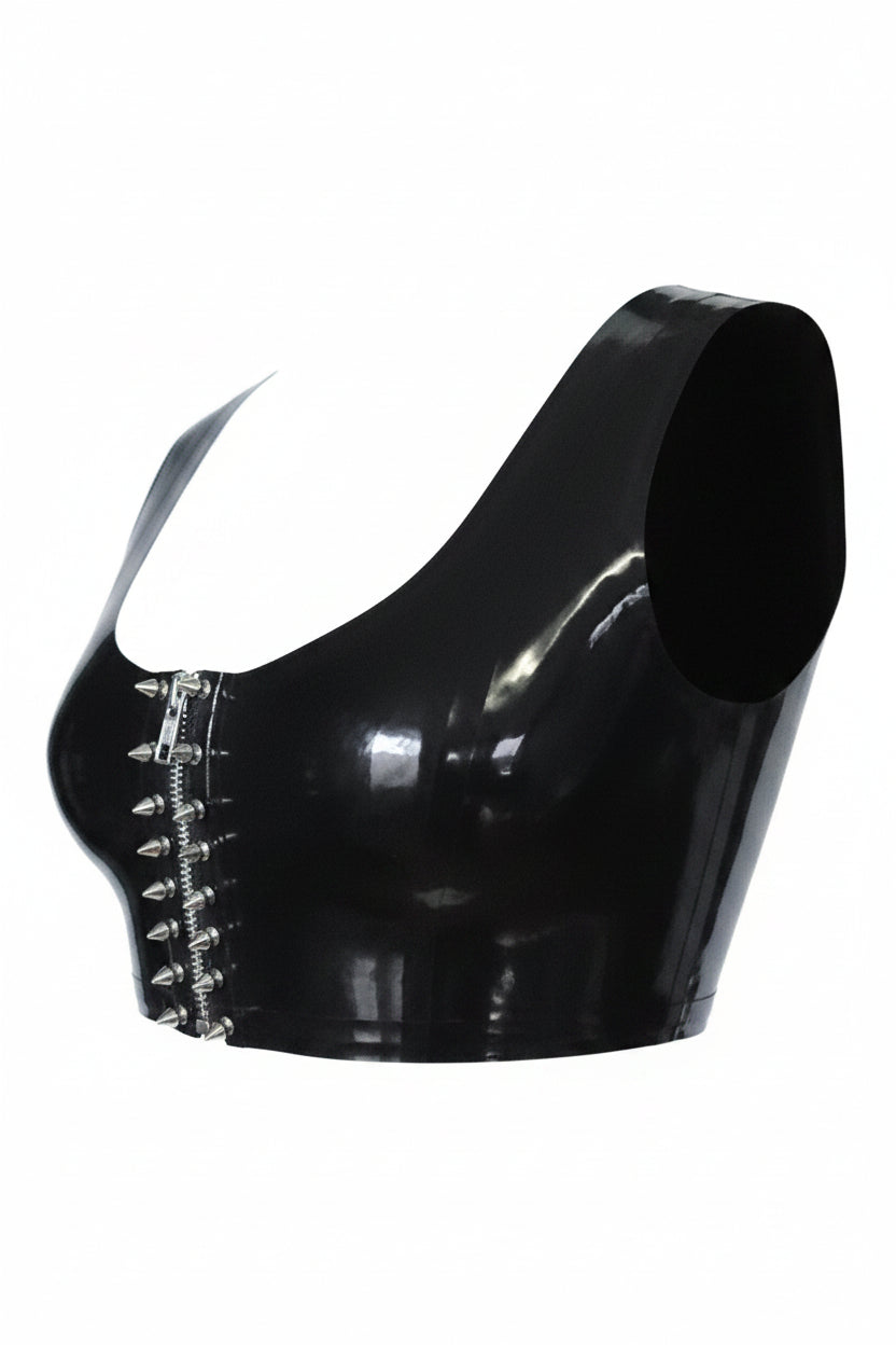 Thorn croc latex top side view — edgy silver stud latex crop top by Tox Latex Canada