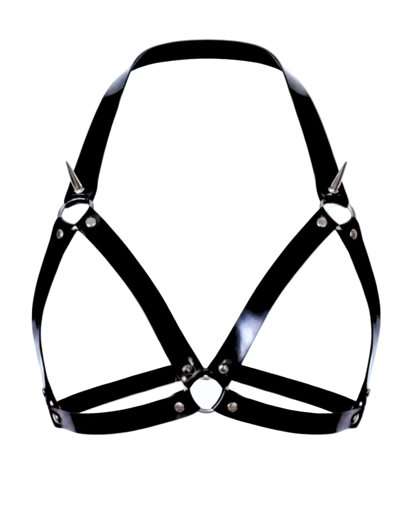 Armoured latex harness bra front view — cage bra with silver studs by Tox Latex Canada