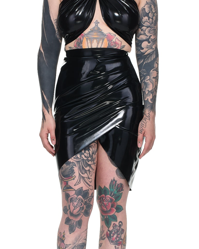Celine latex skirt full view — draped gathered 0.4mm latex skirt handcrafted to order in Canada