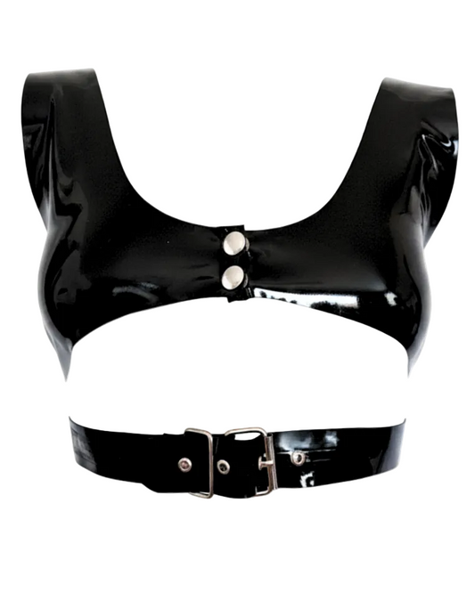 Cropped croc latex top with silver belt buckle — best seller latex crop top by Tox Latex Canada