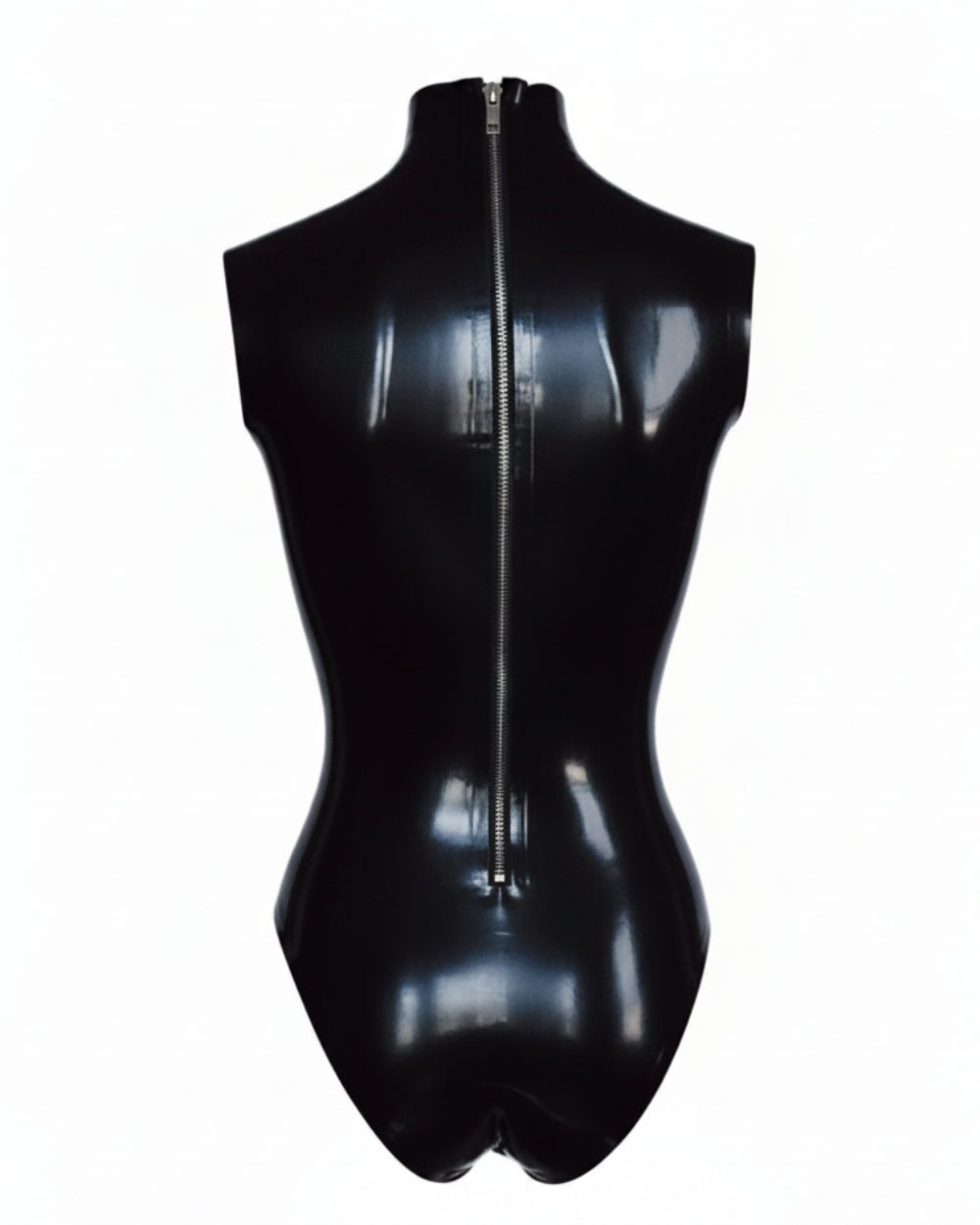 Officer latex bodysuit back view — back zipper structured latex bodysuit handcrafted in Canada