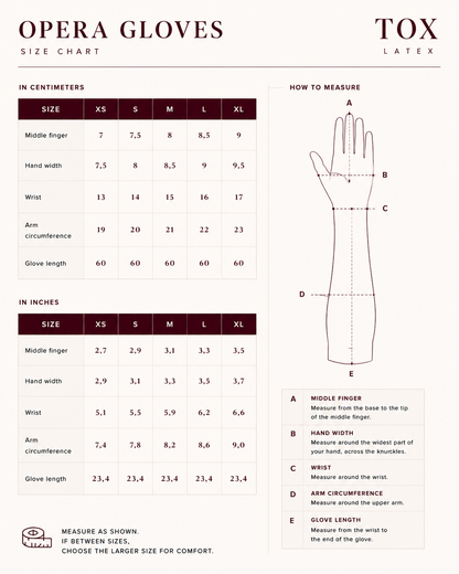 Latex opera gloves size guide — sizing chart by Tox Latex Canada