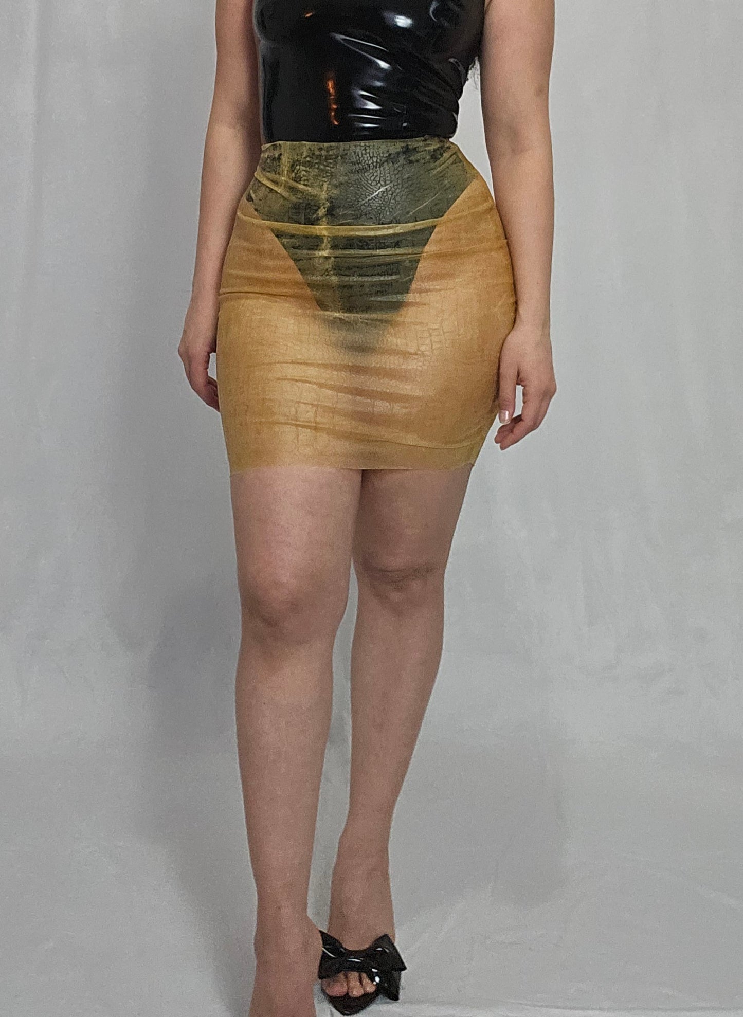 Croco skin Mini Skirt — handcrafted latex by TOX Latex, made to order in Canada, designed as a statement piece for eveningwear and high-fashion