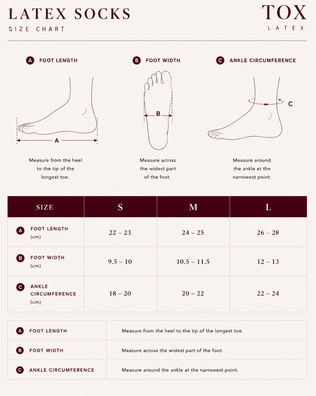 Latex socks care and size guide — latex toe socks by Tox Latex Canada