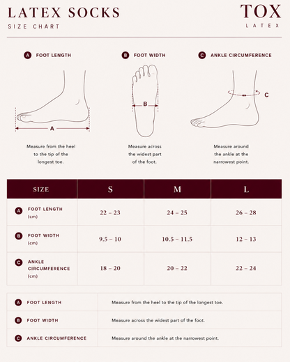 Latex socks care and size guide — latex toe socks by Tox Latex Canada