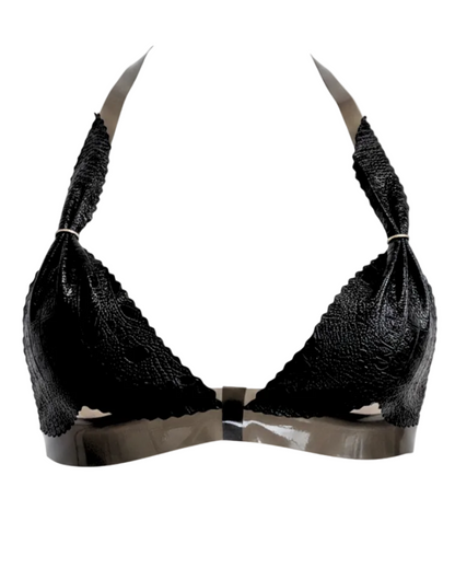 Pierced latex bra back view — textured braided halter latex bra handcrafted in Canada by Tox Latex