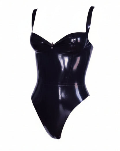 Ally bodysuit front view — silver stud sweetheart latex bodysuit handcrafted in Canada